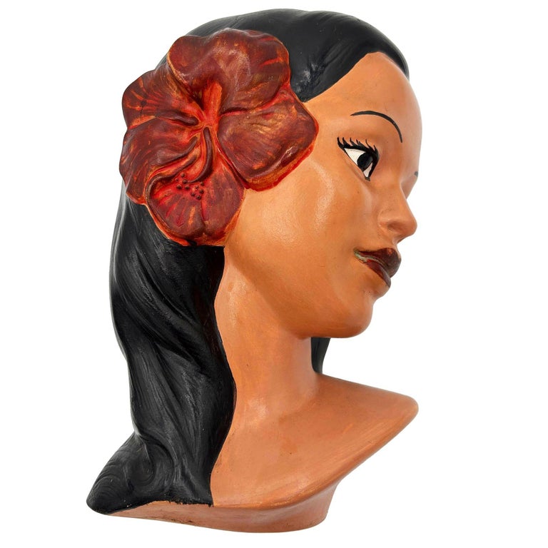 1968 California Art Pottery Hawaiian Polynesian Hula Girl Bust Statue, Signed
