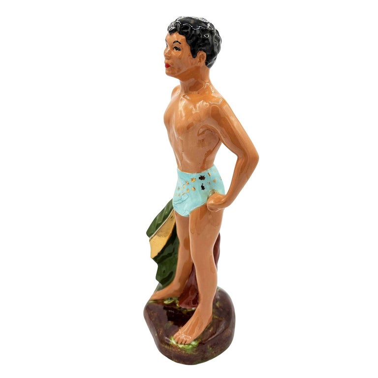 Mid-Century Hawaiian Man in Blue Trucks w/ Gold Machete Ceramic Sculpture 14"
