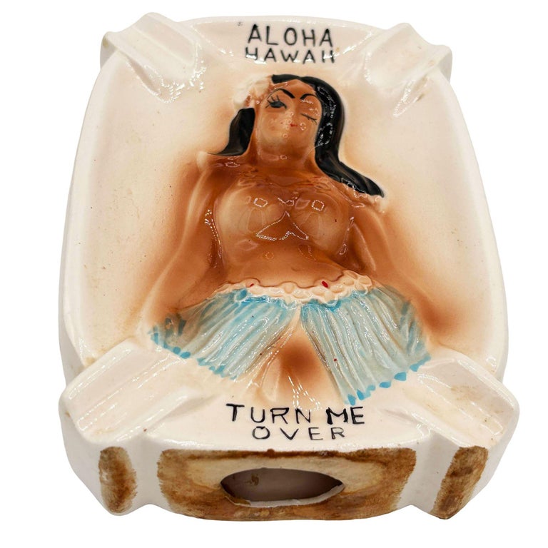 1950 Double Sided Ashtray Hawaiian "Turn Me Over" Cheeky Hula Girl Ashtray
