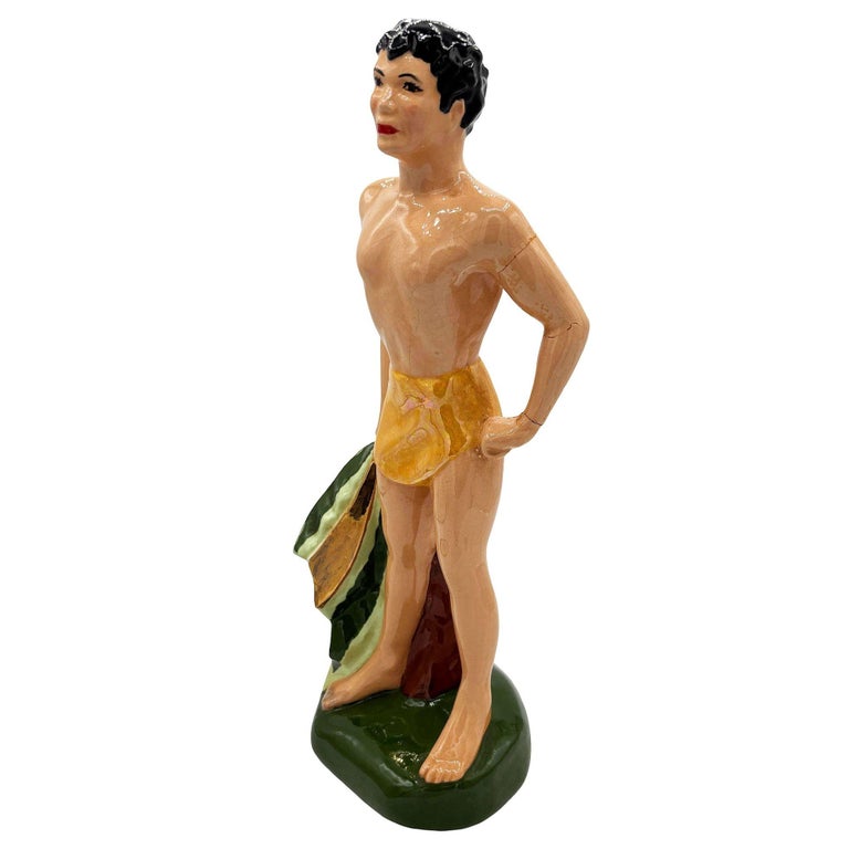 Mid-Century Hand Painted Native Surfer w/ Gold Machete Ceramic Sculpture