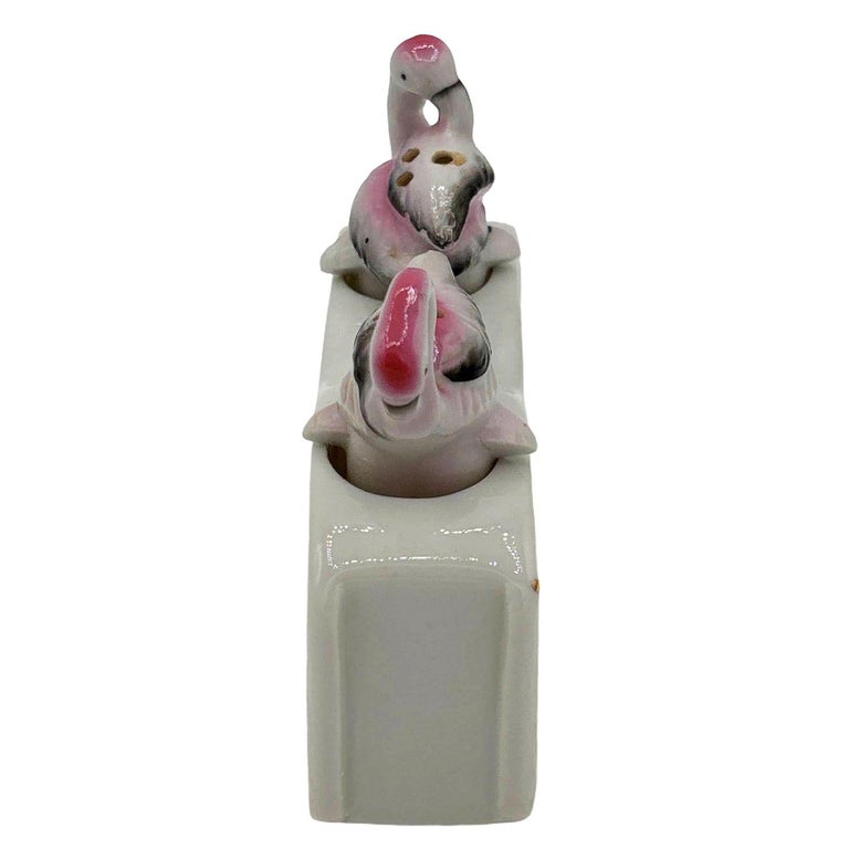 Mid-century Flamingo Ceramic Tabletop Salt & Pepper Shaker Set w/ Base