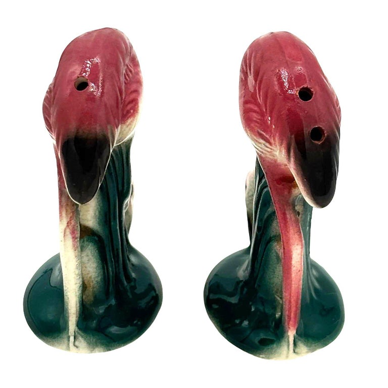 Mid-Century Pink Flamingo Ceramic Tabletop Matching Salt & Pepper Shaker Set