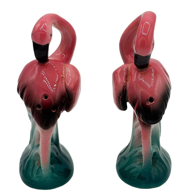 1980 Pink Flamingo Ceramic Tabletop Salt & Pepper Shaker Set by Sarsaparilla