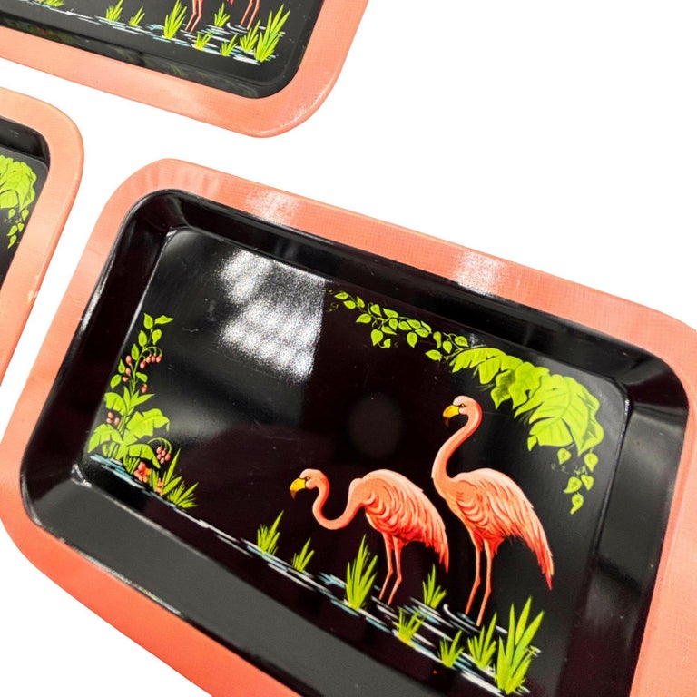Mid-century Black & Pink Flamingo Enameled Tin Tray, Set of 3