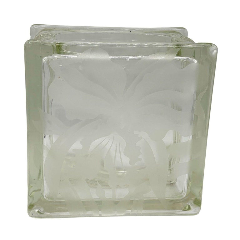 1970 Brutalist Postmodern Glass Block Table Vase w/ Acid Etched Hibiscus