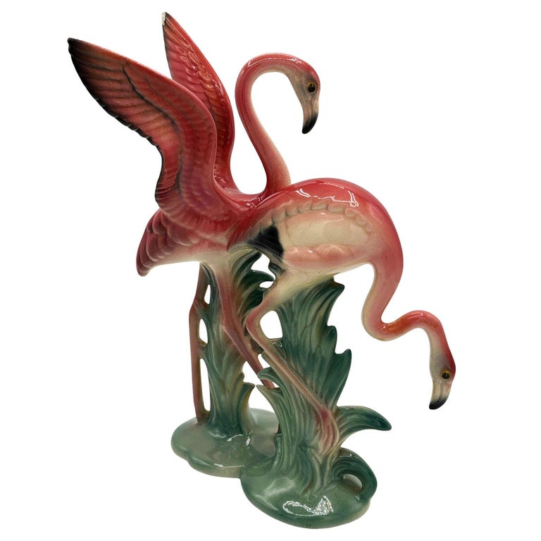 Rare Mid-Century Double Pink Flamingo Ceramic Tabletop Statue By Brad Keeler