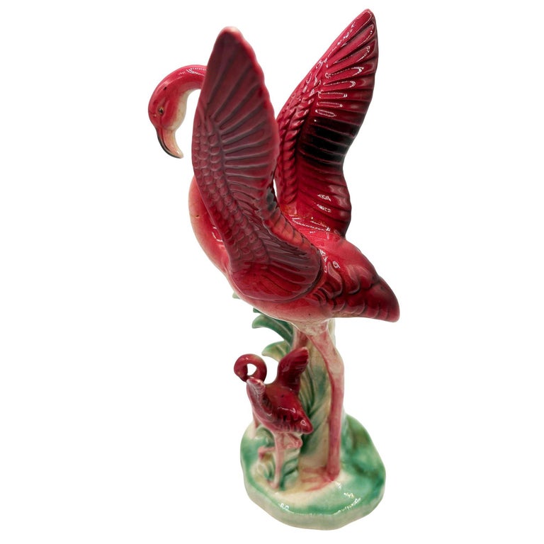 Mid-Century Child & Mother Flamingo Ceramic Statue By Leftons (REPAIRED)