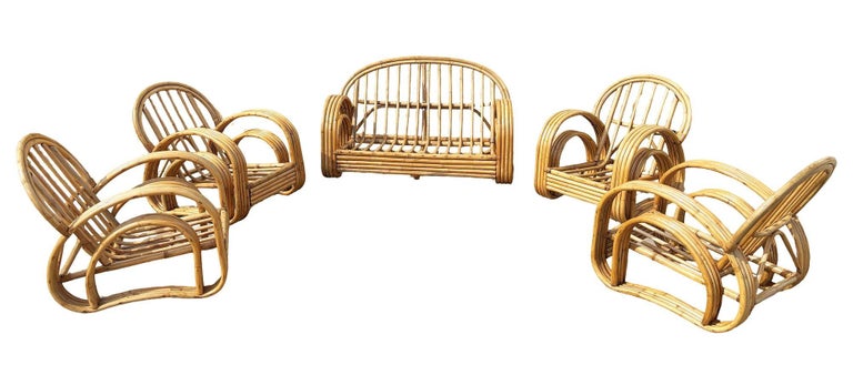 Restored 4-Strand Double Arch Speed Arms Rattan Sofa & Chairs Livingroom Set