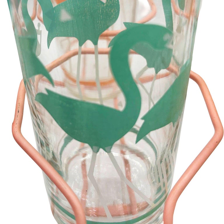 Mid-Century Pink Wire Frame Drinks Tray w/ Six Highball Flamingo Glasses