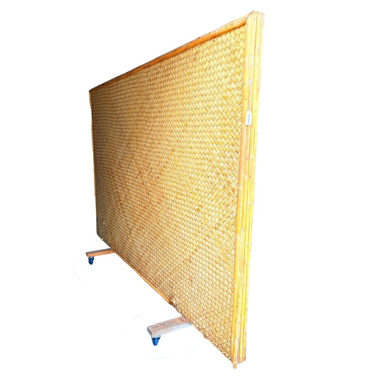 Mid-Century 9' Foot X 6' Foot Rattan and Woven Wicker Wall Divider w/ Wheels