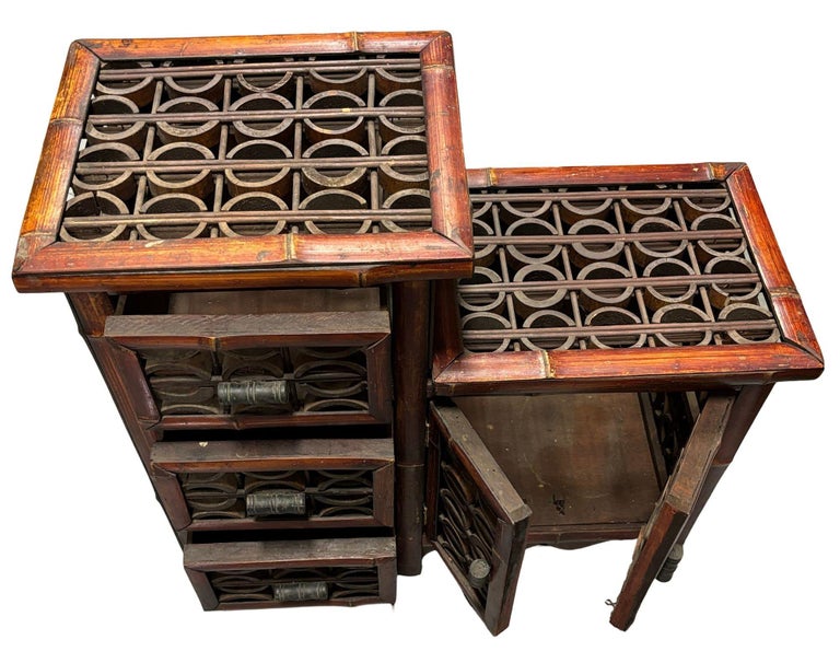 Late Qing Dynasty Split Bamboo & Lattice Top Chippendale Cabinet w/ 3 Drawers