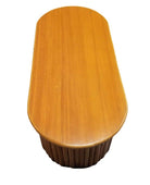 Restored Mahogany Coffee Table w/ Vertical Stacked Rattan Half Moon Pedestal Leg
