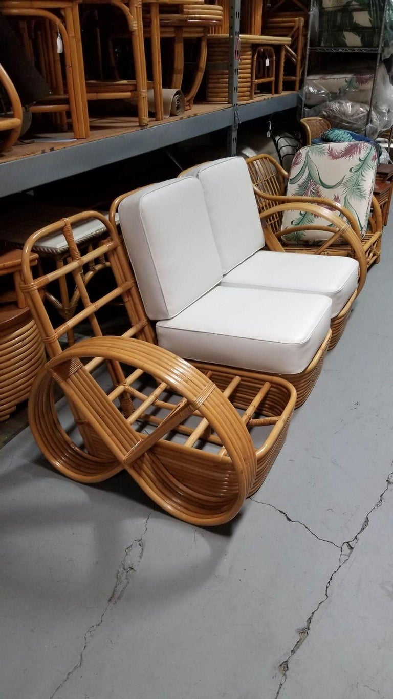 Restored MCM Six-Strand 3-Seat Full Pretzel Rattan Sectional Sofa, Stacked Base