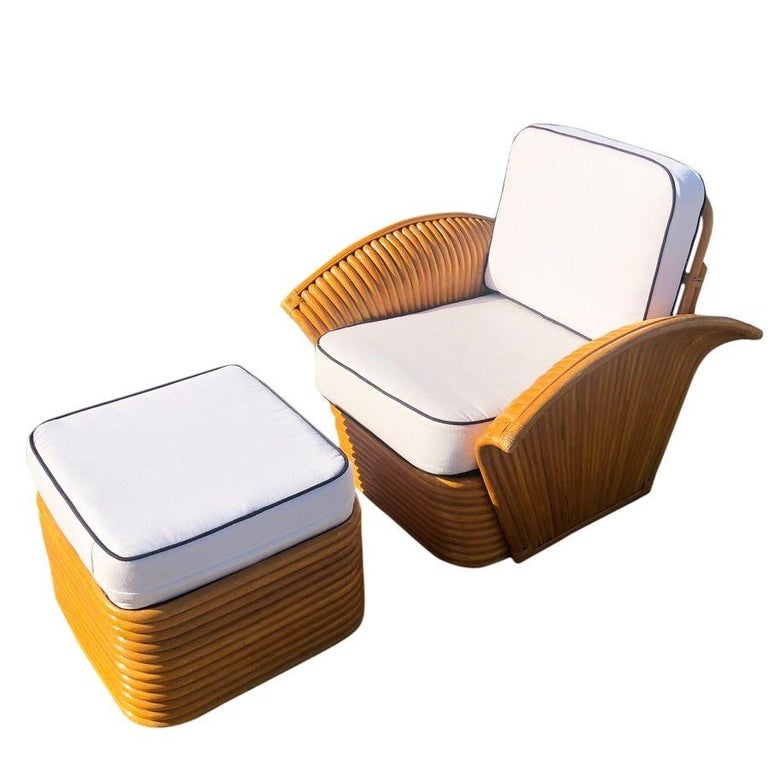 Vintage Art-Deco Style Rattan Fan Arm Lounge Chair/Ottoman Set, 3 sets Avail