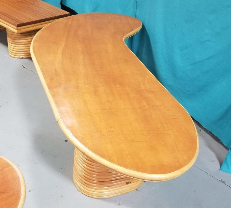 Restored Rattan & Mahogany Asymmetric "J" Coffee Table