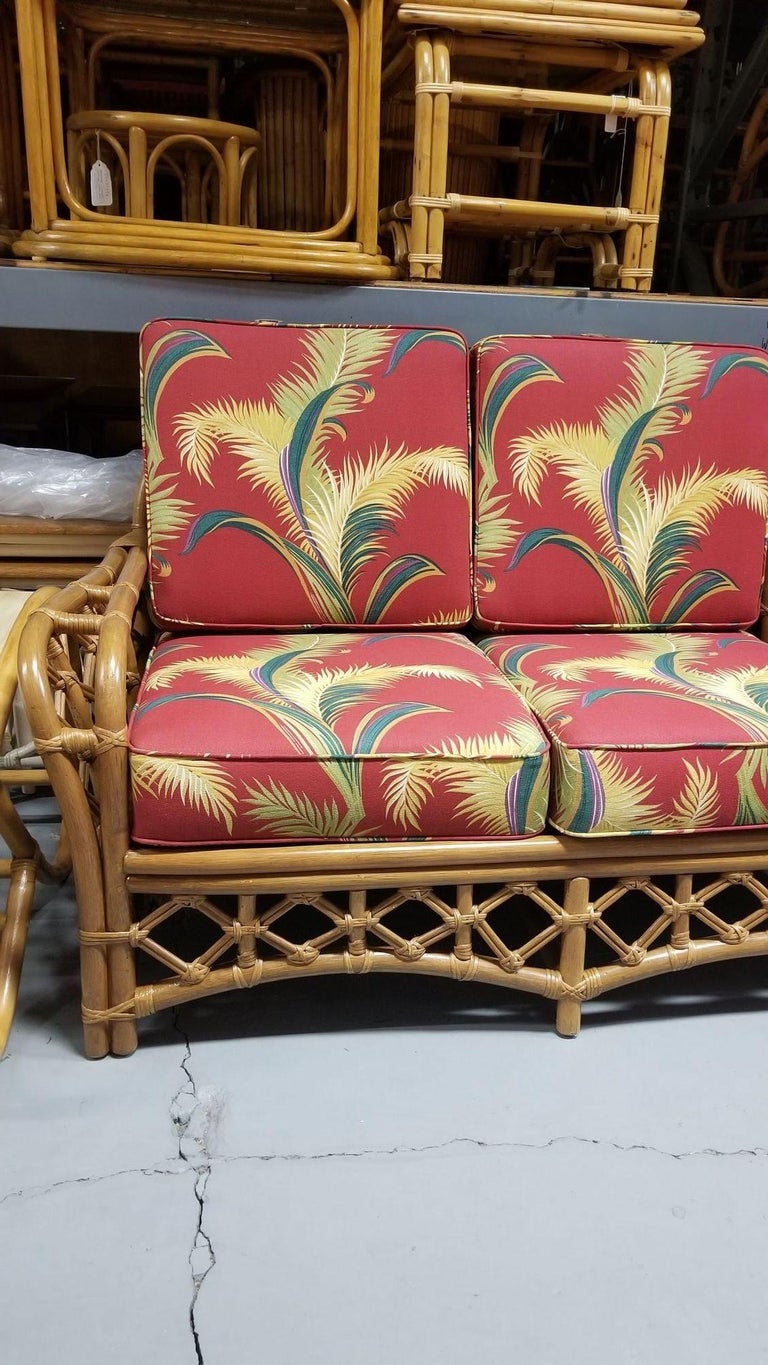 Restored Mid Century Lattice Rattan Sofa & Lounge Chair Livingroom Set