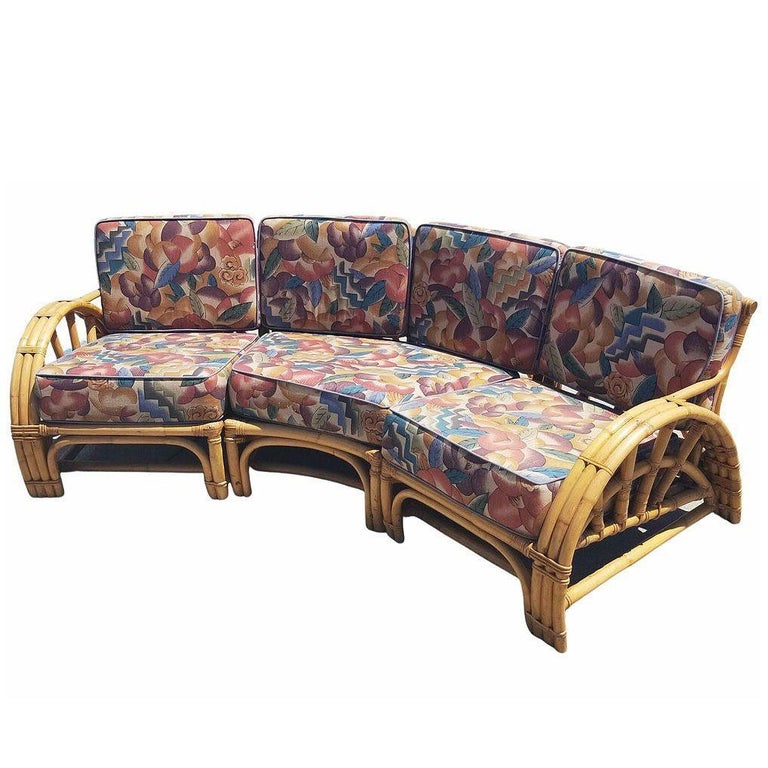 Restored Mid-century 3 Strand Rattan Spoke Half Moon Arm Corner Sectional Sofa