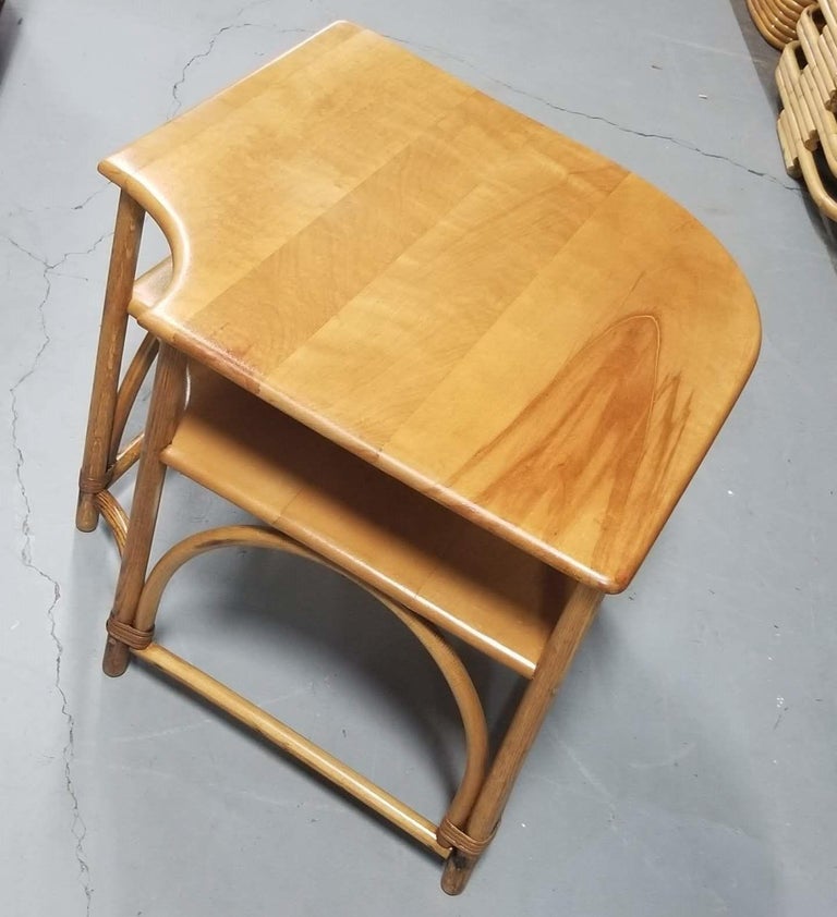 Restored Mid Century Maple and Faux Rattan Corner Table by Heywood Wakefield