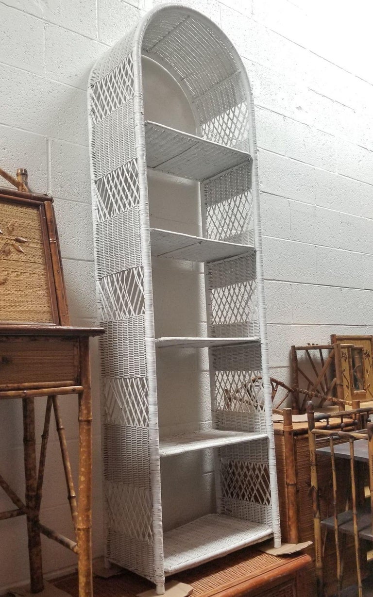 Restored White Rattan Wicker Arched Bookcase