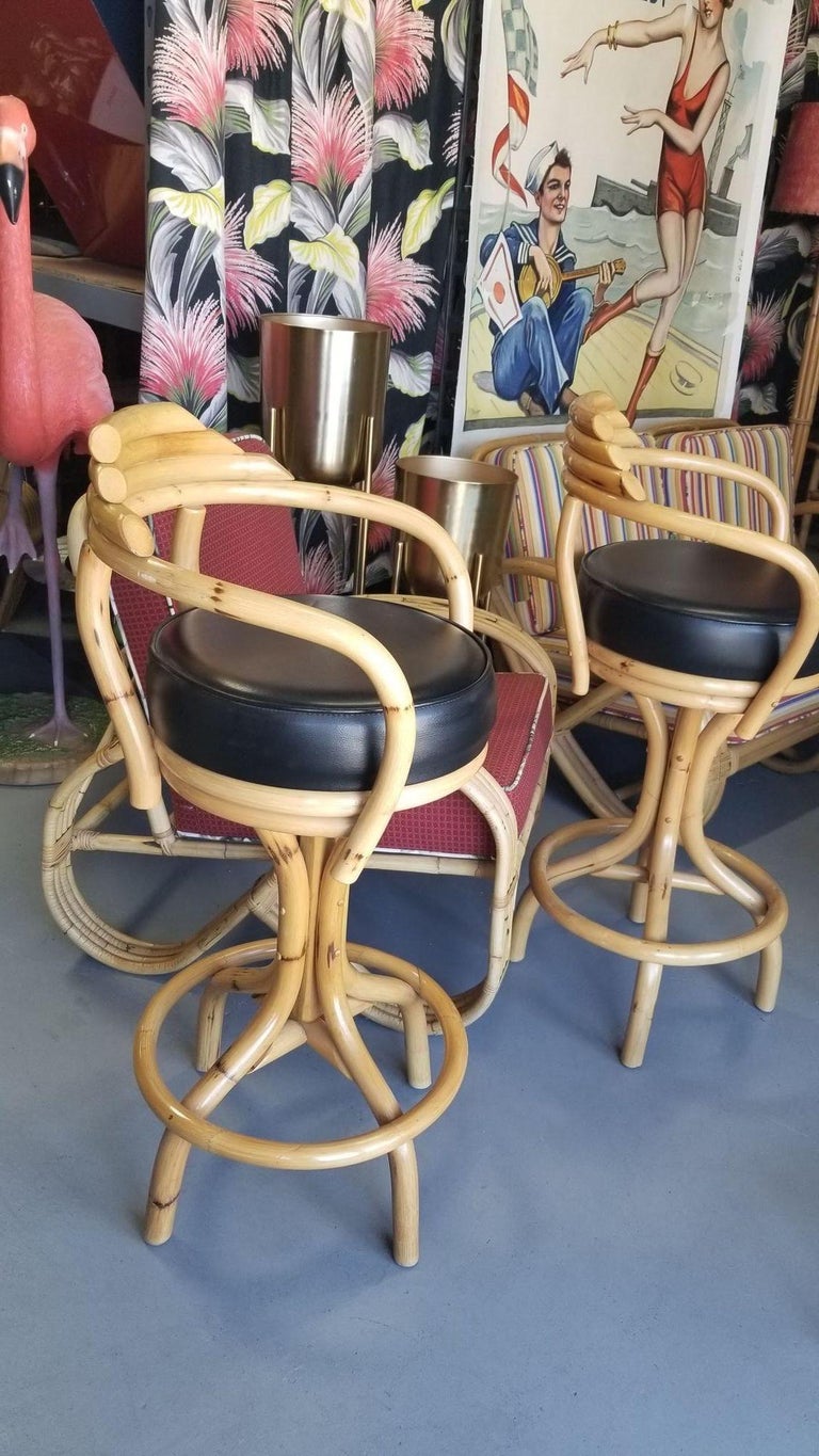 Restored Rattan Single Strand Set of Three Bar Stools