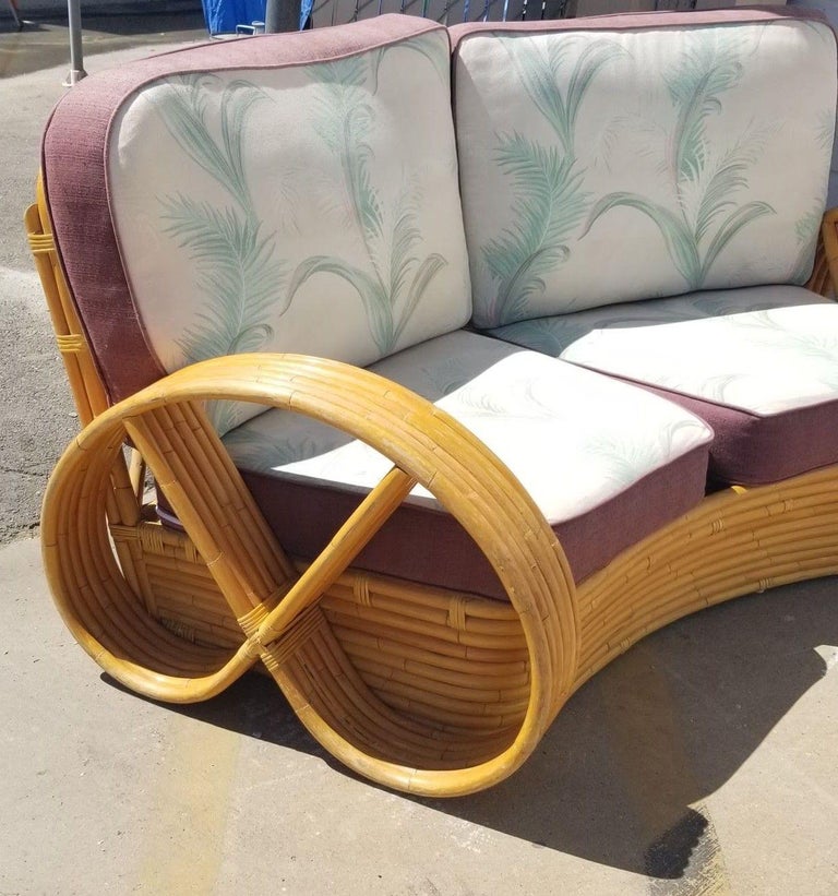 Restored Rattan 6 Strand Full Pretzel Curved Settee, in the style of Paul Frankl