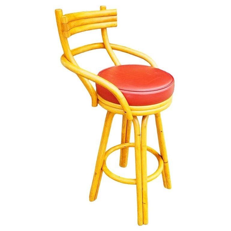 Restored Mid-century Rattan Stacked Bar Swivel Stools w/ Red Seat , Set of 4