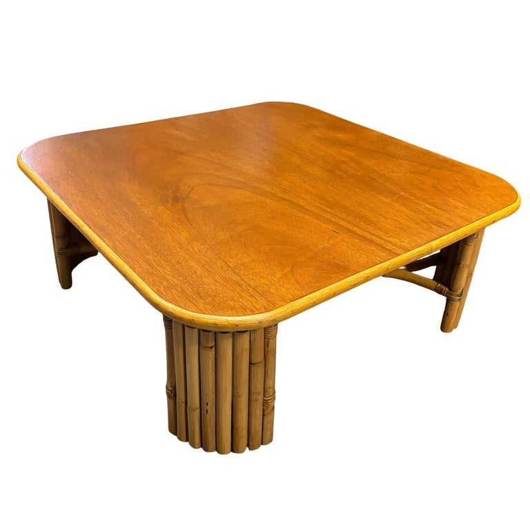 Restored 3' Sqaure Rattan Coffee Table w/ Vertically Stacked Legs