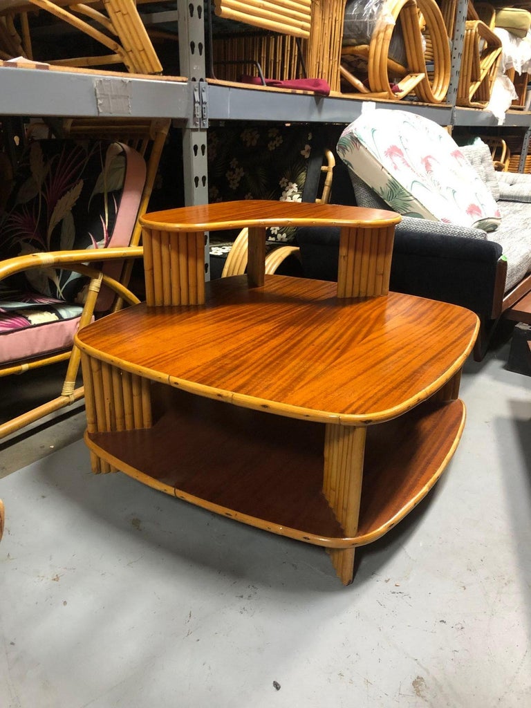 Restored Rattan 1940s Double Level Corner Table with Quatered Koa Wood Top