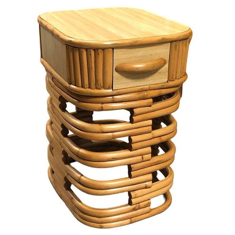 Restored Modernist Stacked Rattan Nightstand Side Table w/ Formica Top, Pair