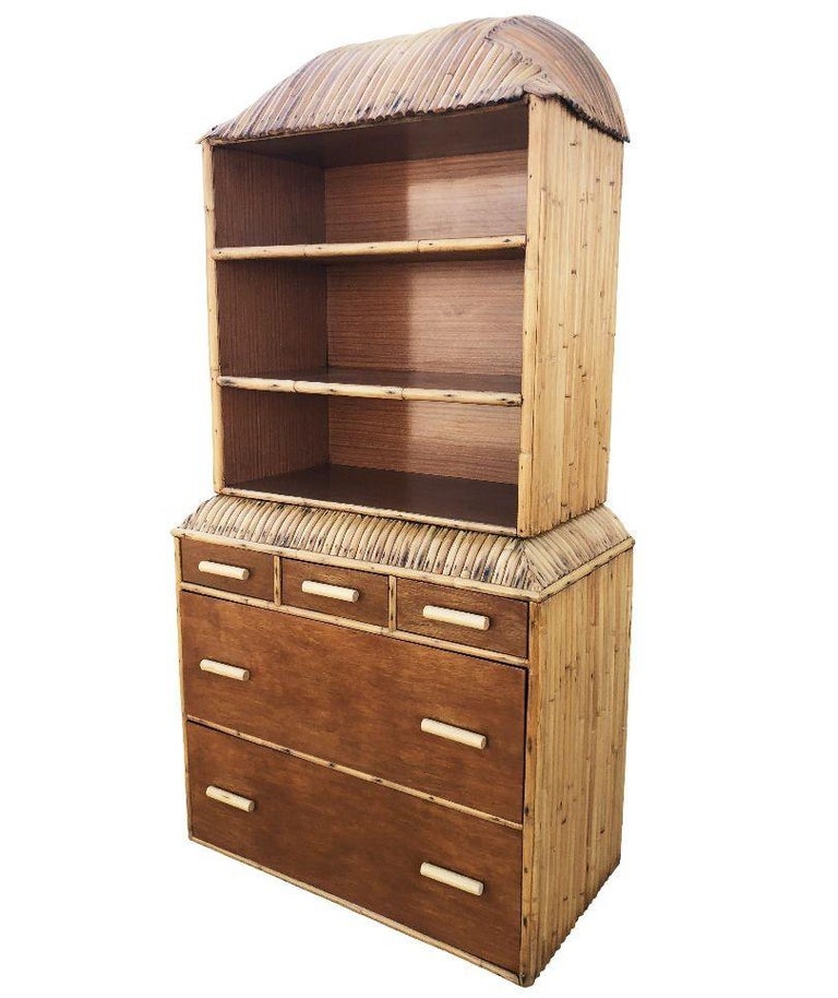 Restored Rare Art Deco Waterfall Rattan & Mahogany Dresser/Bookcase Hutch