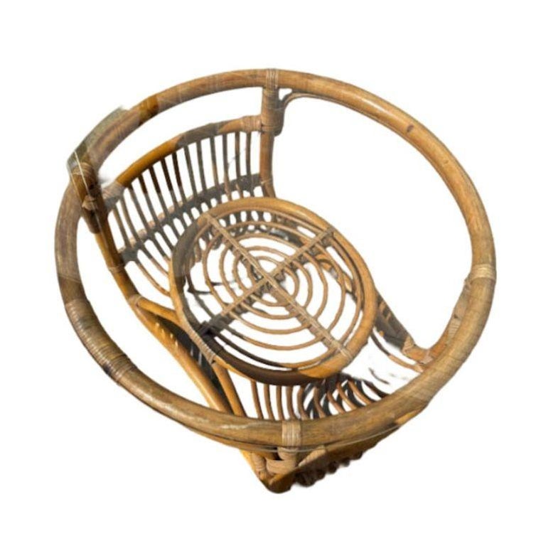 Restored Round Rattan Coffee Table with Reed Basket Base & Glass Top