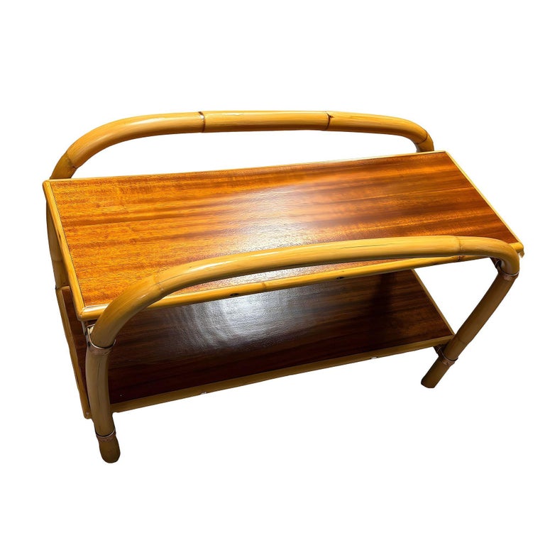 Rattan & Mahogany Double Arch "Tropitan" 2-Tier Side Table by Ritts, Pair