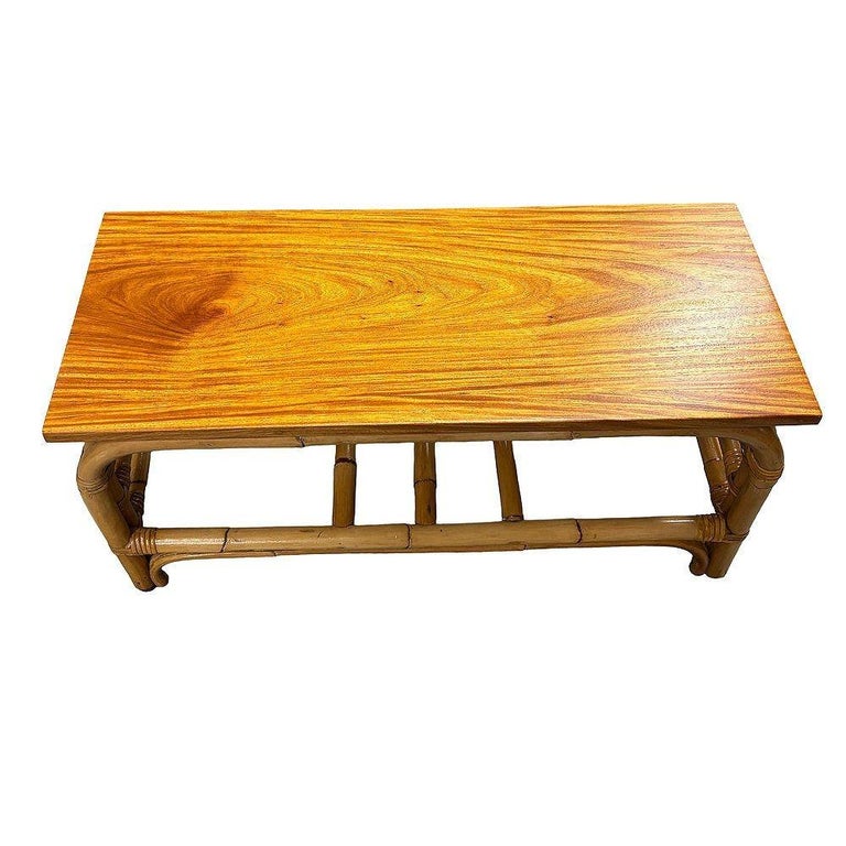 Restored 2-Tier Rattan Staple Base Coffee Table w/ Mahogany