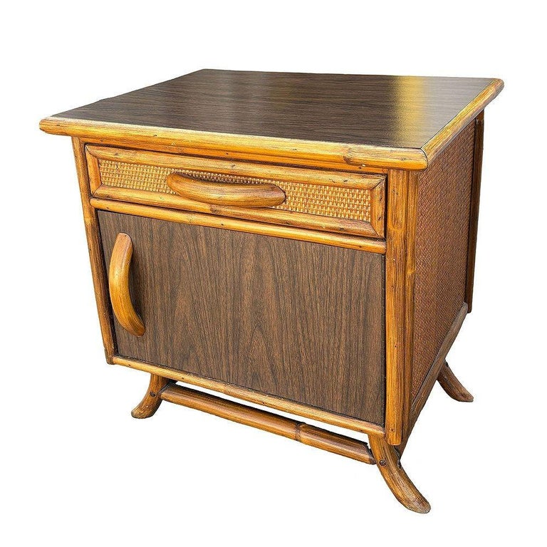 Restored James Mont Styles Rattan & Woven Wicker Bedside Table, Pair