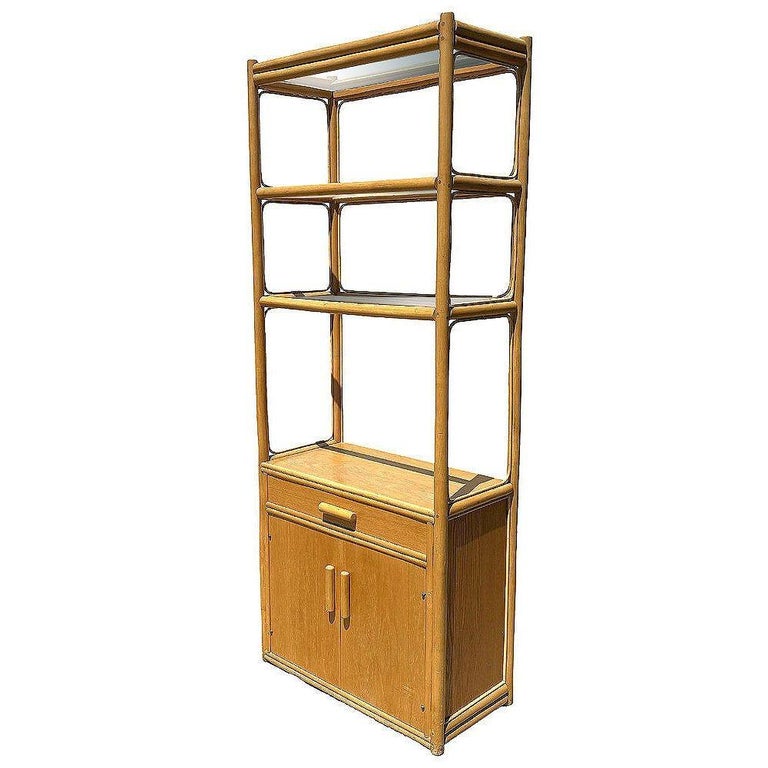 Restored High Style Rattan & Mahogany Etagere Display Curio Cabinet, 2 Available