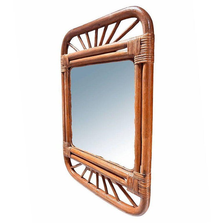 Restored Single-Strand Rounded Rattan Wall Mirror W/ Stick Reed Rattan