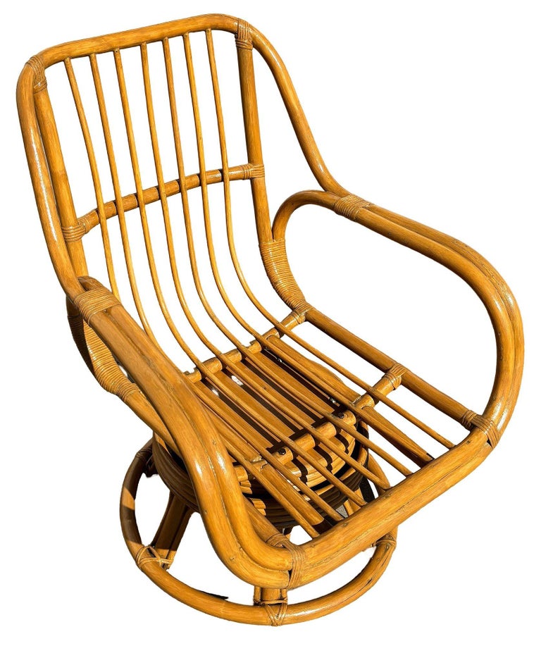 Restored Rattan Double-Strand Swivel Seat Lounge Chair