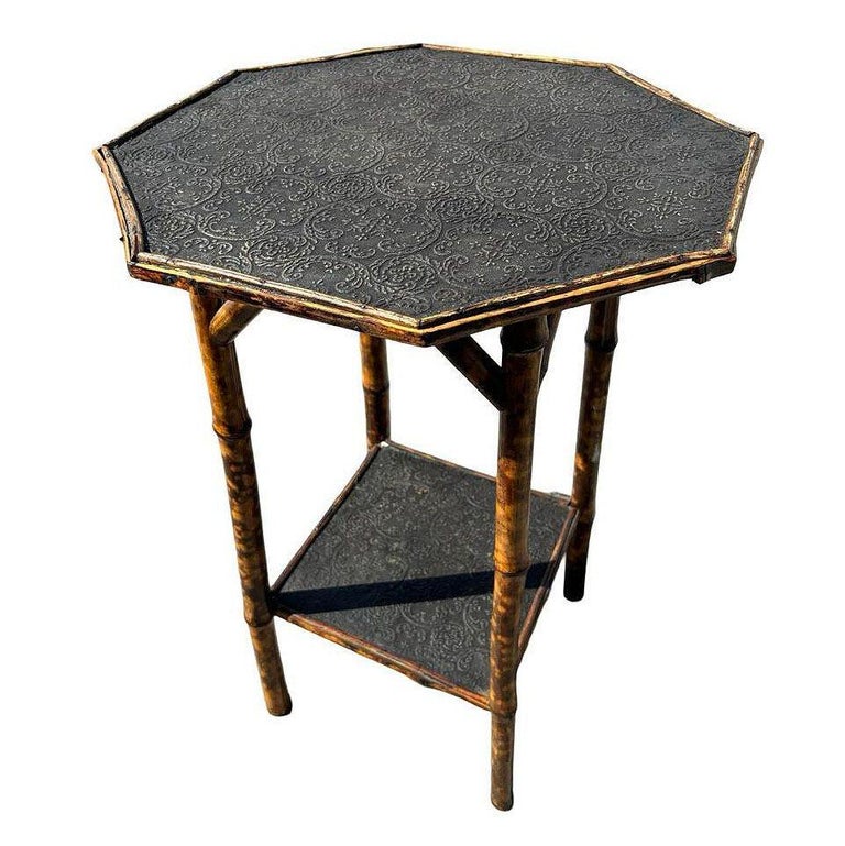 Restored Aesthetic Movement Tiger Bamboo Octagon Side Table w/ Embossed Top