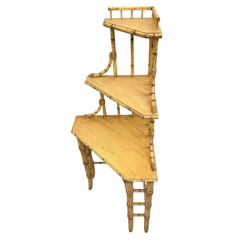 Mid-century James Mount Style 3-Tiered Blonde Bamboo Corner Shelf
