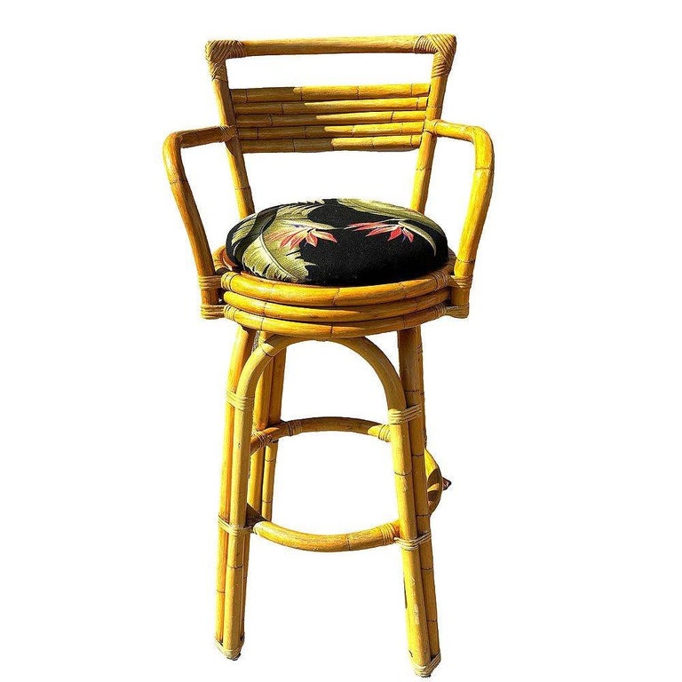 Restored 2-Strand Arch Base Rattan Bar Stools w/ Armrest, Set of 3