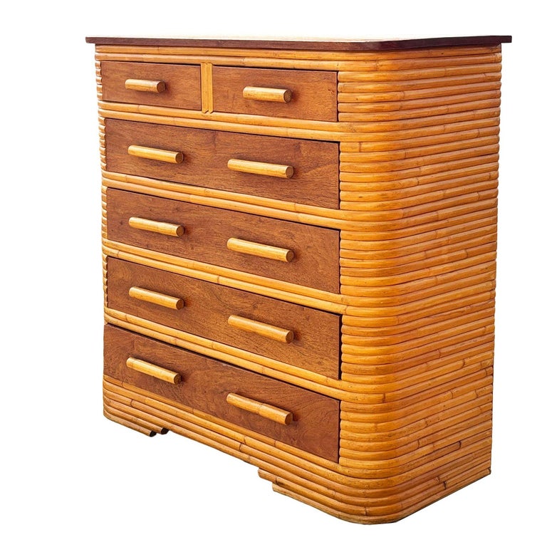 Restored Art Deco 6 Drawer Stacked Rattan Highboy Dresser w/ Mahogany Top