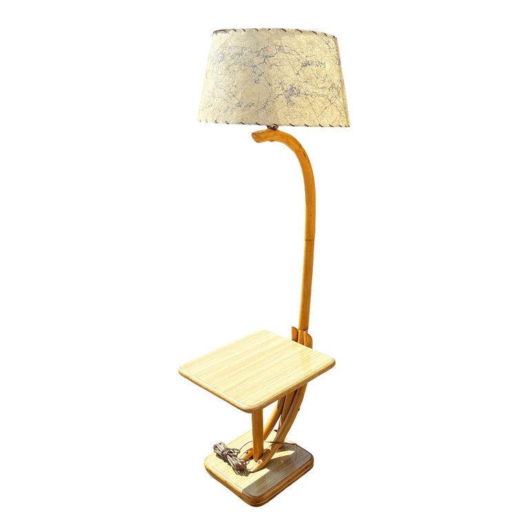 Rare Restored Two-tier Rattan Floor Lamp w/ Built-In Formica Top Side Table