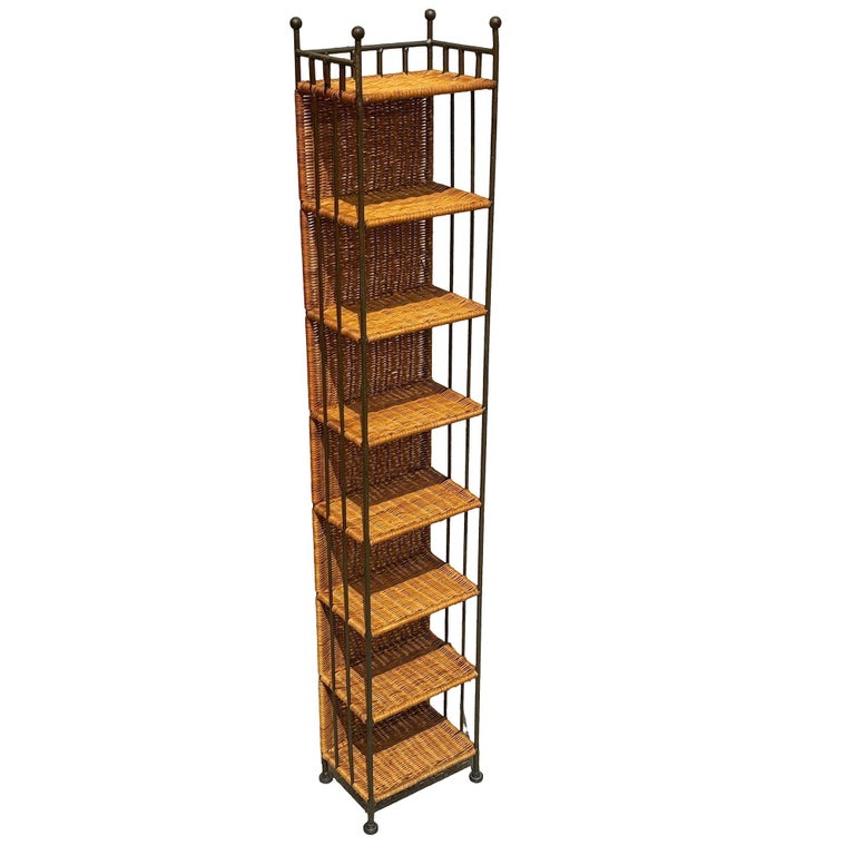 1990s Boho Wicker & Cast Iron Compact Disc CD Holder Towers, Pair