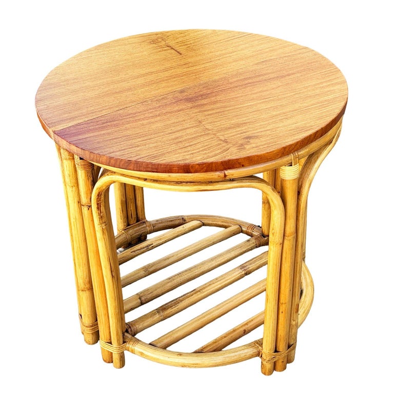 Restored Rattan and Mahogany Half Moon Side Tables with Storage Rack