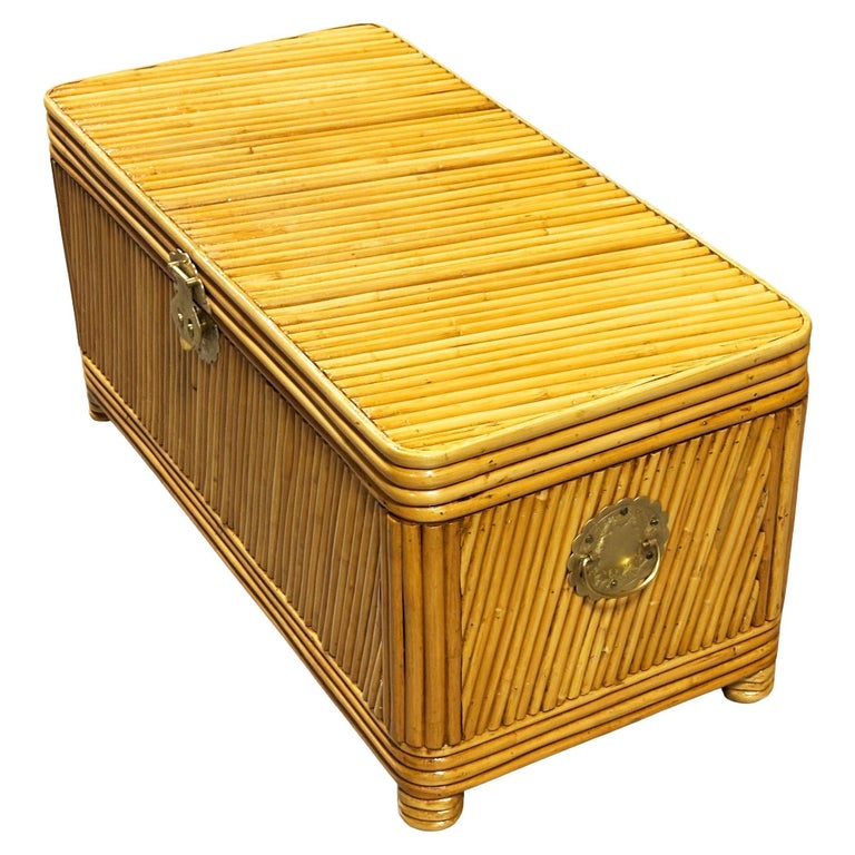 Restored Mid-century Split Reed Rattan & Pine Trunk w/ Brass Paktong Latch