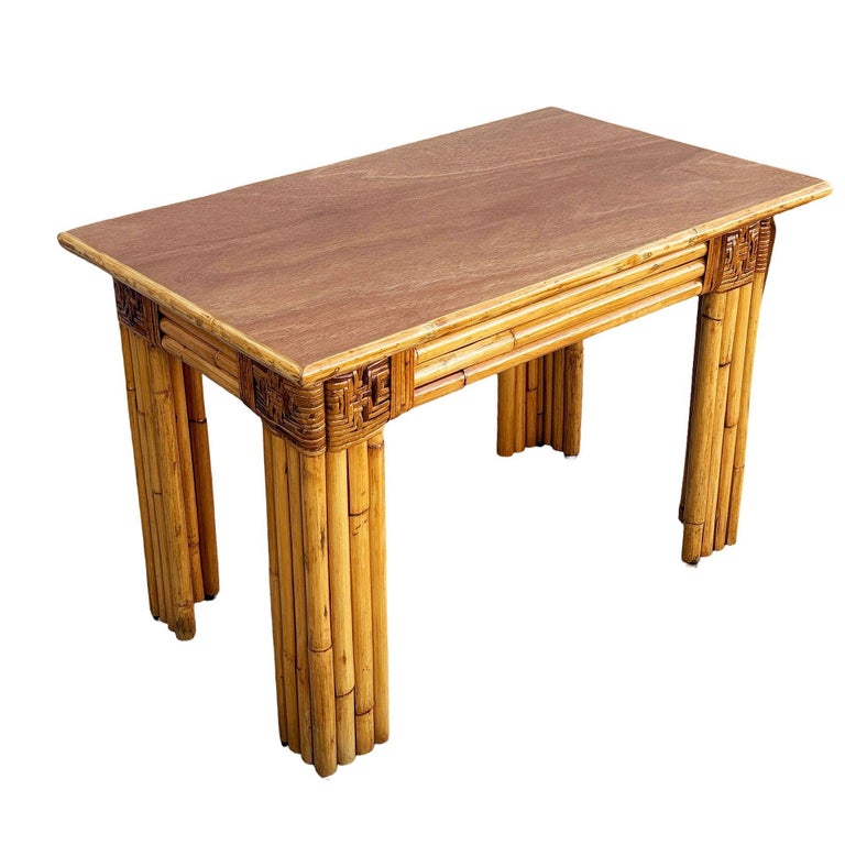Restored Mid-century Vertically Stacked Rattan Mahogany Top Console Table