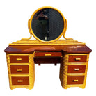 Restored Art Deco Frankl Style Stacked Rattan Vanity w/ Round Mirror & Stool