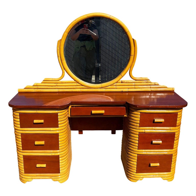 Restored Art Deco Frankl Style Stacked Rattan Vanity w/ Round Mirror & Stool