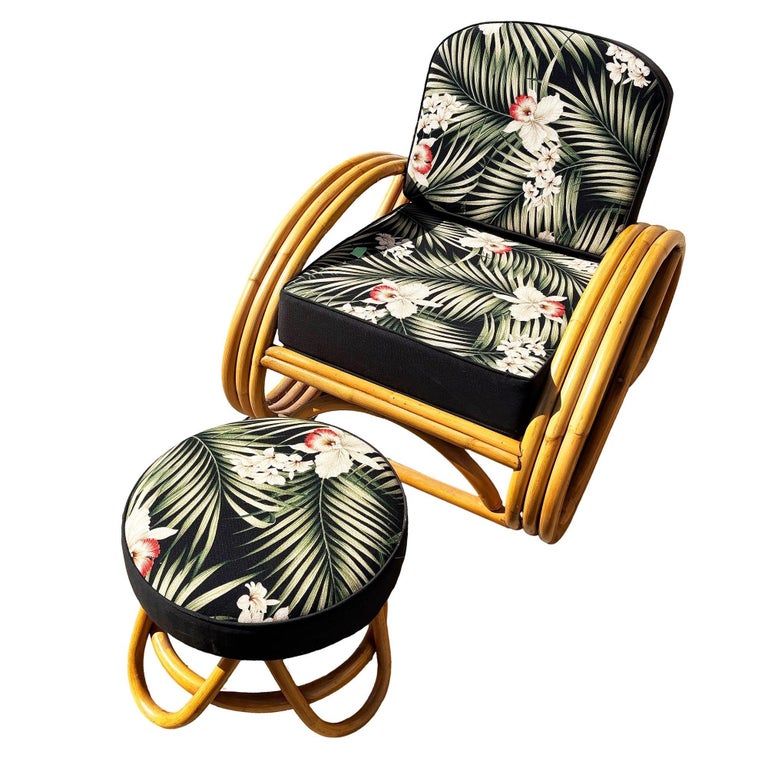 Restored MCM 3-Strand 3/4 Reverse Pretzel Rattan Lounge Chair& Ottoman Pair