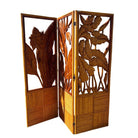 3 Panel Mid-Century Carved Koa Wood & Stacked Rattan Folding Screen